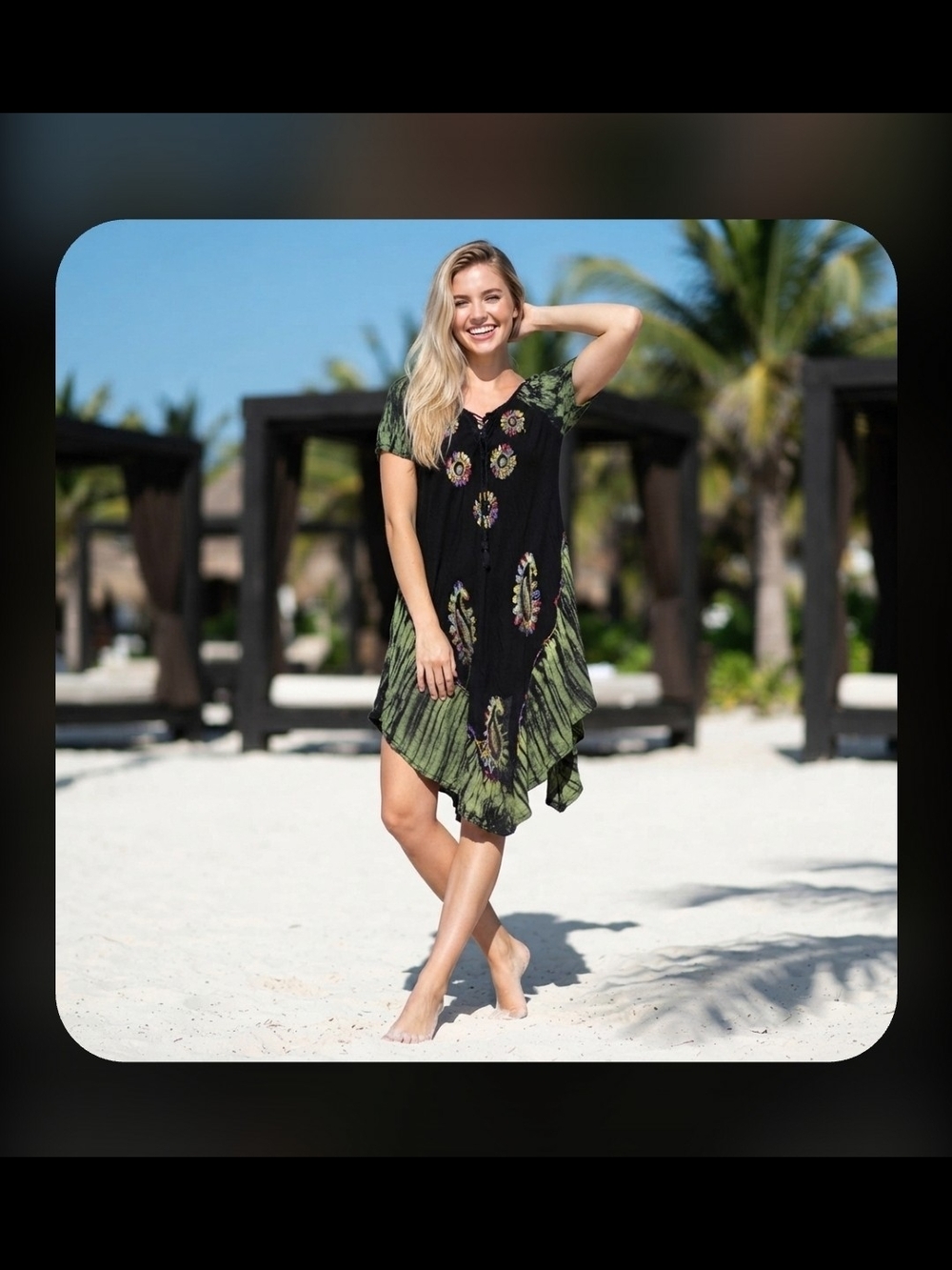 Black and Olive Green Short Sleeve Swim Cover-Up Tunic with High Low Hem
